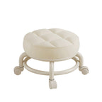 Modern Simplicity Faux Leather Round Stool with Backrest — Movable Low Stool in Wood and Metal with Checkered Sponge Cushion for Living Room