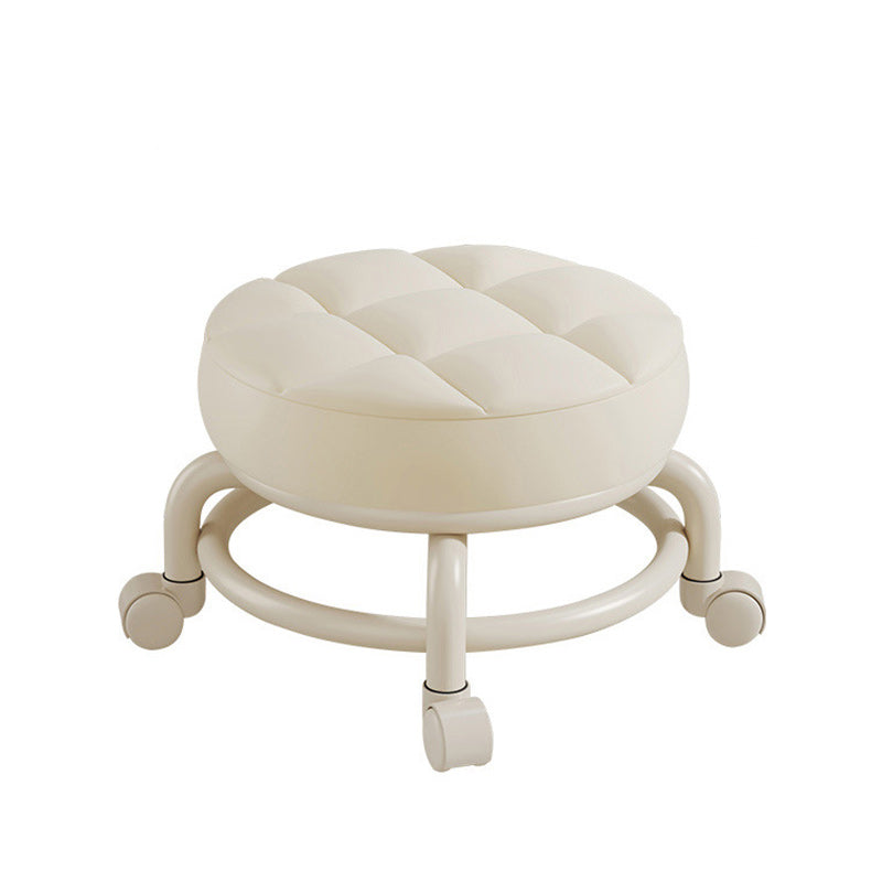 Modern Simplicity Faux Leather Round Stool with Backrest — Movable Low Stool in Wood and Metal with Checkered Sponge Cushion for Living Room