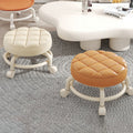 Modern Simplicity Faux Leather Round Stool with Backrest — Movable Low Stool in Wood and Metal with Checkered Sponge Cushion for Living Room