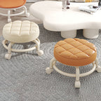 Modern Simplicity Faux Leather Round Stool with Backrest — Movable Low Stool in Wood and Metal with Checkered Sponge Cushion for Living Room