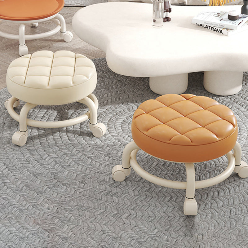 Modern Simplicity Faux Leather Round Stool with Backrest — Movable Low Stool in Wood and Metal with Checkered Sponge Cushion for Living Room