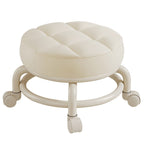 Modern Simplicity Faux Leather Round Stool with Backrest — Movable Low Stool in Wood and Metal with Checkered Sponge Cushion for Living Room