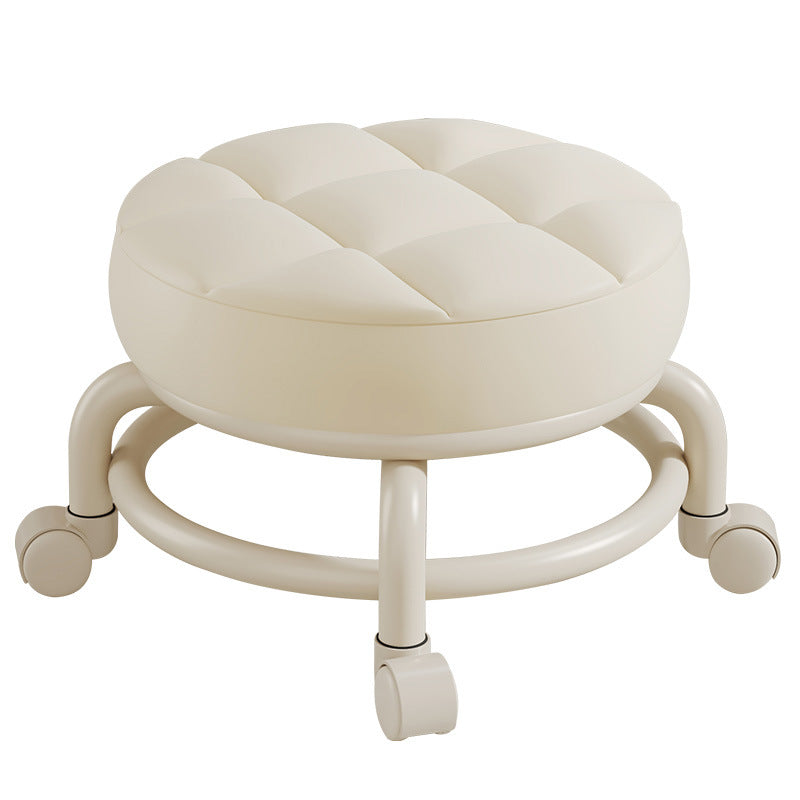 Modern Simplicity Faux Leather Round Stool with Backrest — Movable Low Stool in Wood and Metal with Checkered Sponge Cushion for Living Room