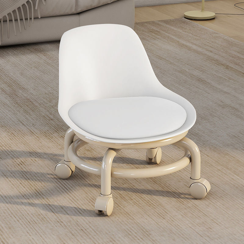 Modern Simplicity Faux Leather Round Stool with Backrest — Movable Low Stool in Wood and Metal with Checkered Sponge Cushion for Living Room