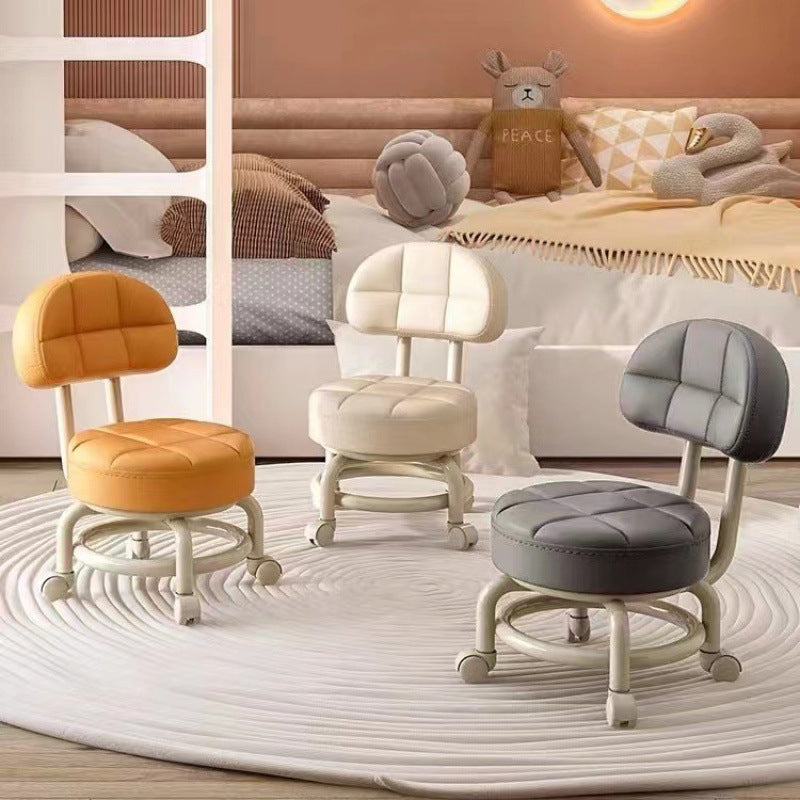 Modern Simplicity Faux Leather Round Stool with Backrest — Movable Low Stool in Wood and Metal with Checkered Sponge Cushion for Living Room