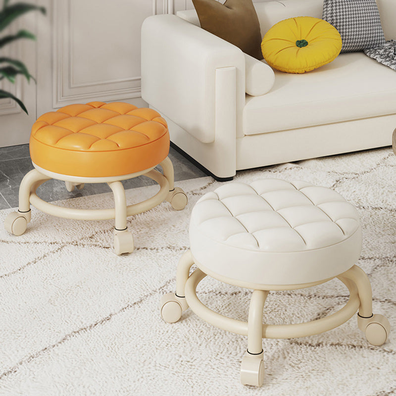 Modern Simplicity Faux Leather Round Stool with Backrest — Movable Low Stool in Wood and Metal with Checkered Sponge Cushion for Living Room