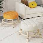 Modern Simplicity Faux Leather Round Stool with Backrest — Movable Low Stool in Wood and Metal with Checkered Sponge Cushion for Living Room