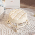 Modern Simplicity Faux Leather Round Stool with Backrest — Movable Low Stool in Wood and Metal with Checkered Sponge Cushion for Living Room