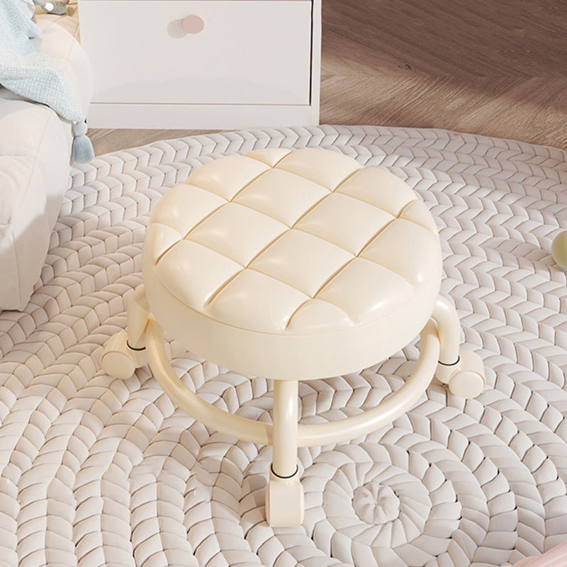 Modern Simplicity Faux Leather Round Stool with Backrest — Movable Low Stool in Wood and Metal with Checkered Sponge Cushion for Living Room