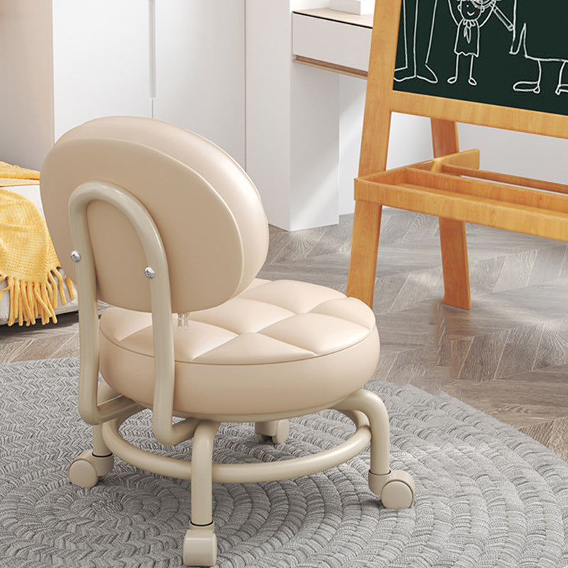 Modern Simplicity Faux Leather Round Stool with Backrest — Movable Low Stool in Wood and Metal with Checkered Sponge Cushion for Living Room