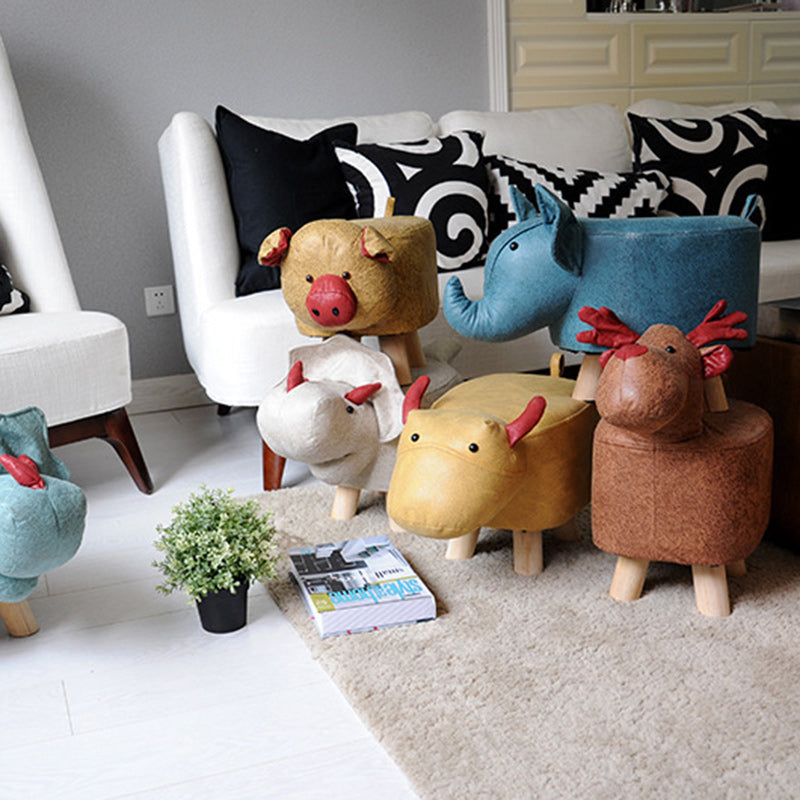 Taburete infantil contemporáneo con diseño de elefante - Tapicería de tela, base de madera, acolchado de esponja suave, adorable taburete con forma de animal para la entrada