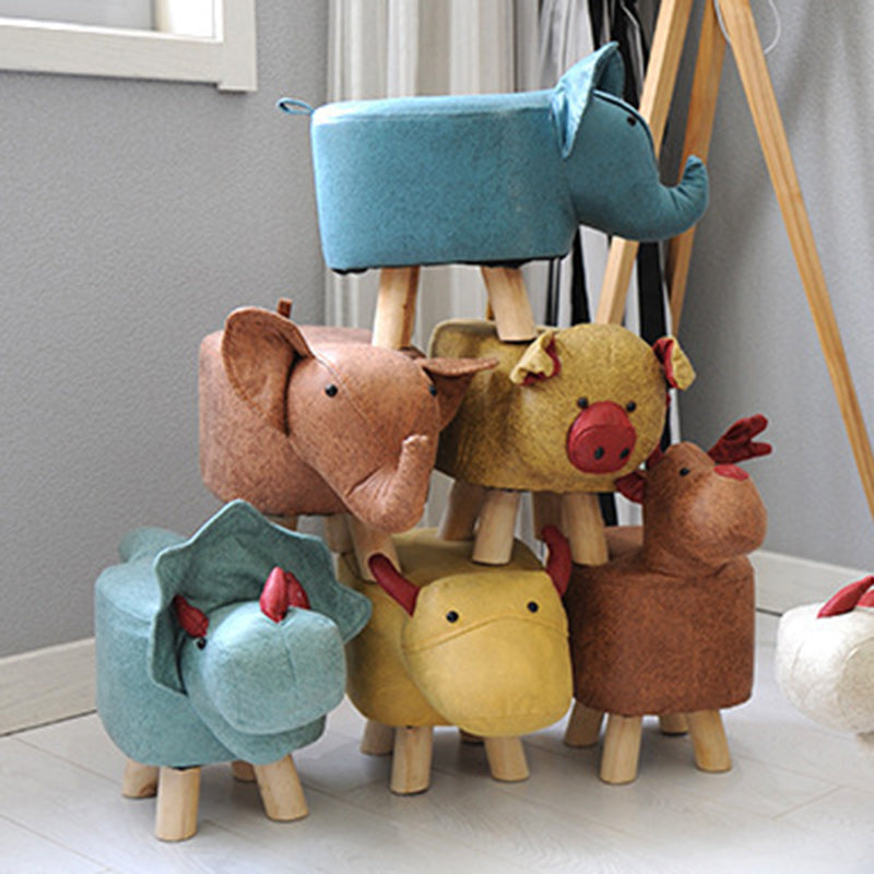 Taburete infantil contemporáneo con diseño de elefante - Tapicería de tela, base de madera, acolchado de esponja suave, adorable taburete con forma de animal para la entrada