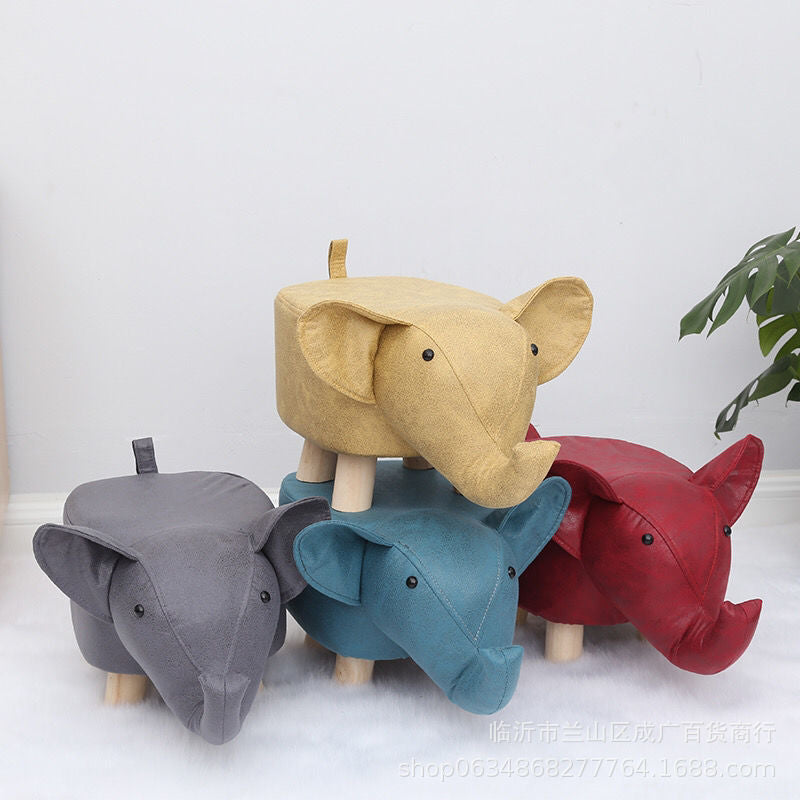 Taburete infantil contemporáneo con diseño de elefante - Tapicería de tela, base de madera, acolchado de esponja suave, adorable taburete con forma de animal para la entrada