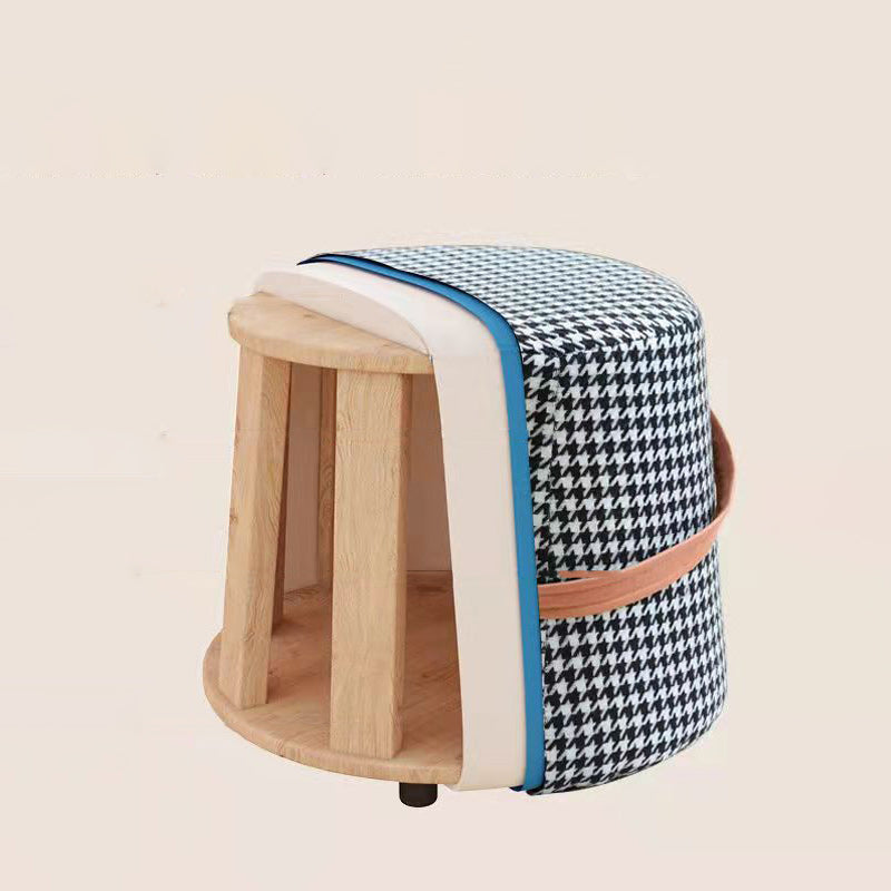 Contemporary Nordic Velvet Fabric Round Cylinder Footstool with Wooden Base - Portable Entryway Seat