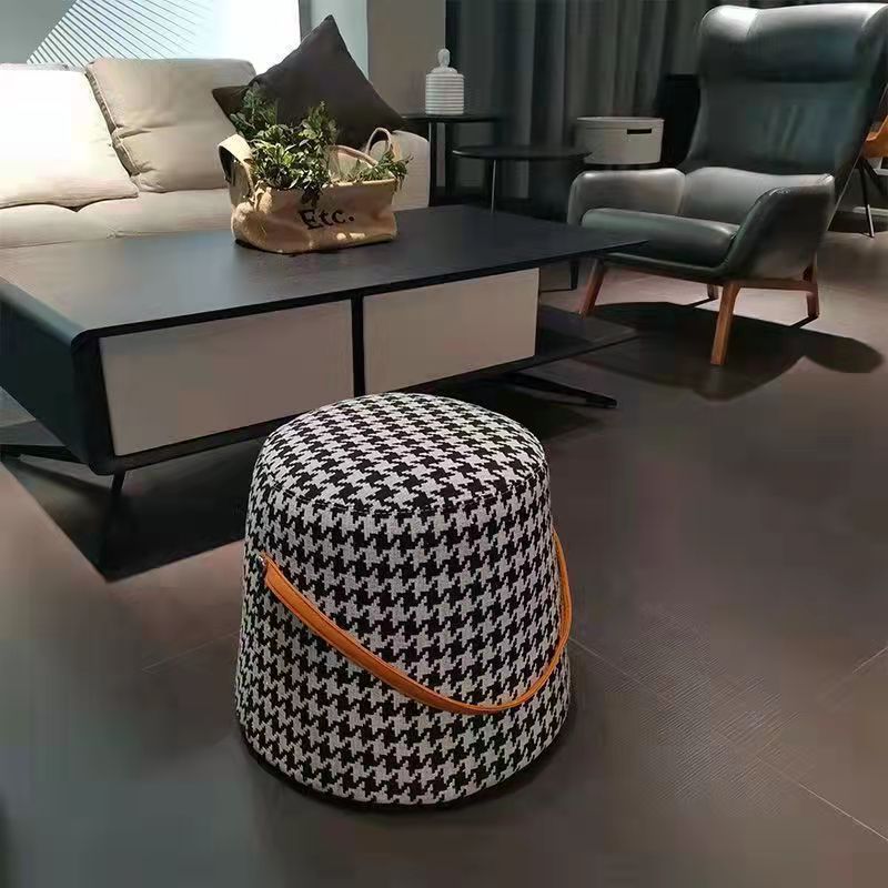 Contemporary Nordic Velvet Fabric Round Cylinder Footstool with Wooden Base - Portable Entryway Seat