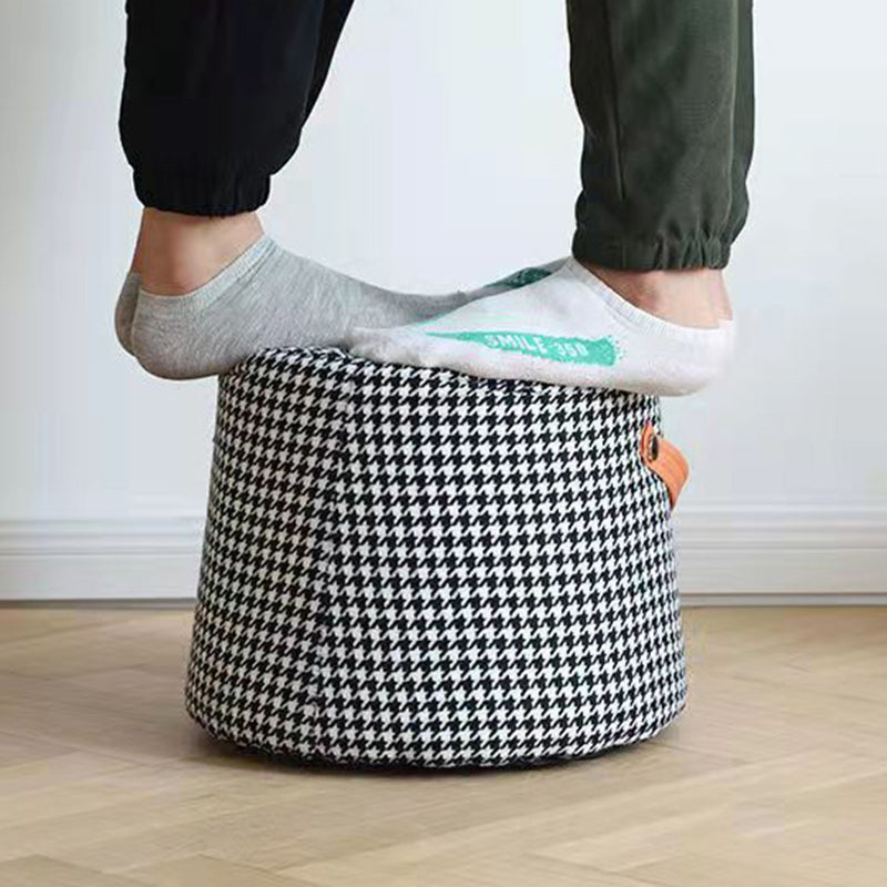 Contemporary Nordic Velvet Fabric Round Cylinder Footstool with Wooden Base - Portable Entryway Seat