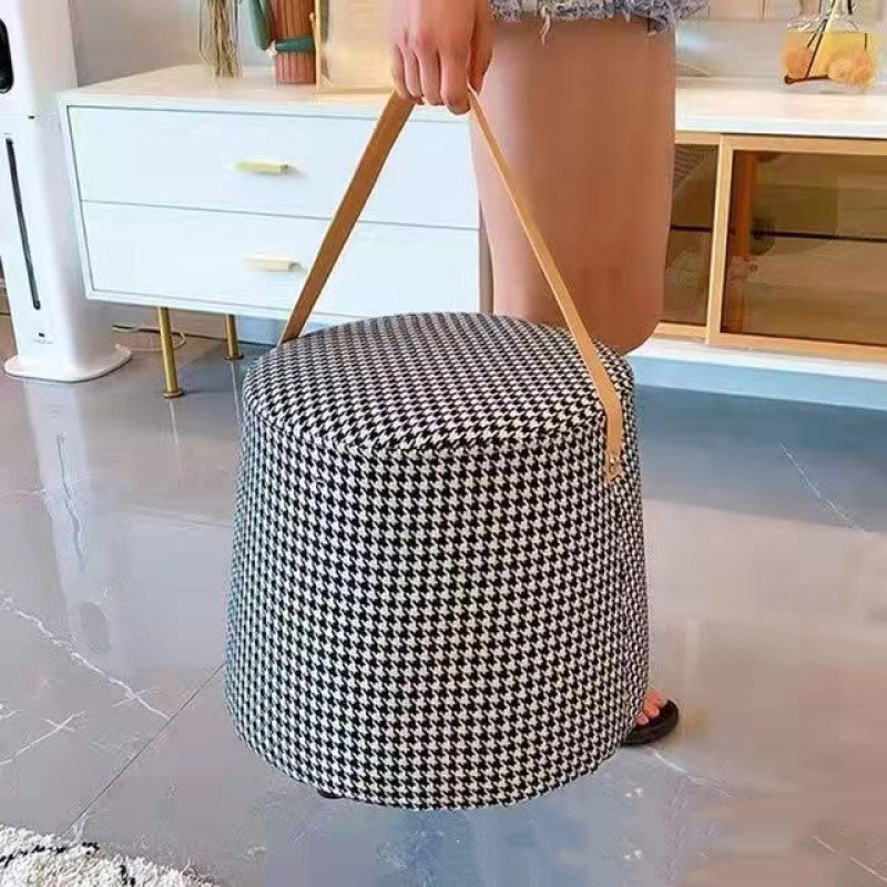 Contemporary Nordic Velvet Fabric Round Cylinder Footstool with Wooden Base - Portable Entryway Seat