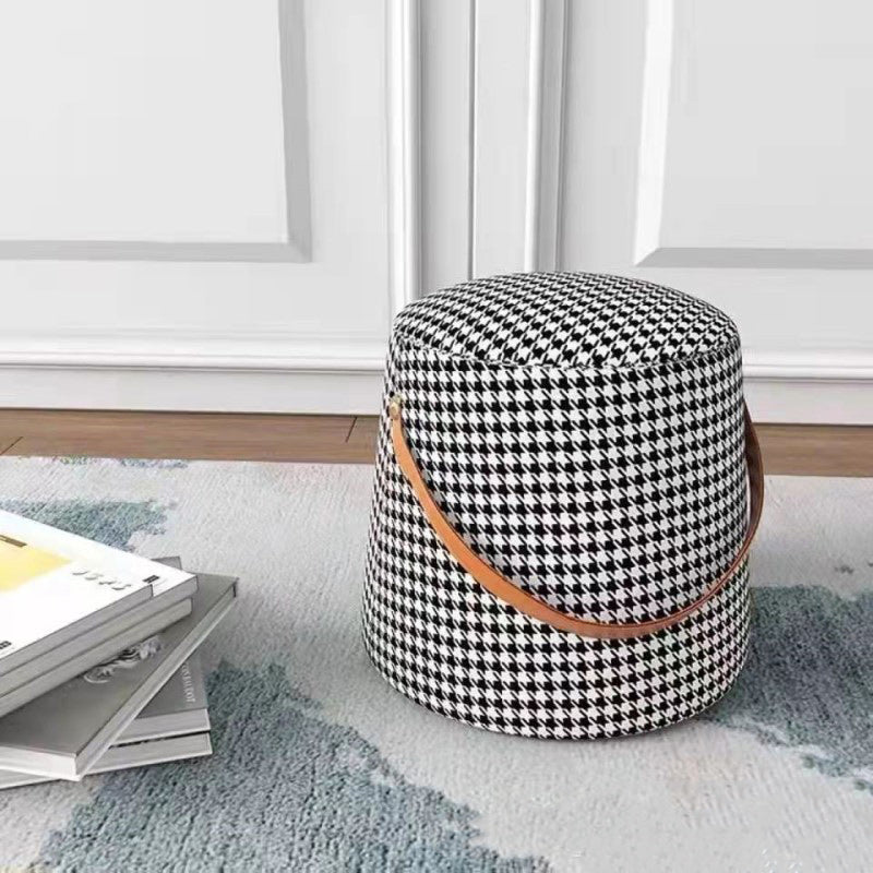 Contemporary Nordic Velvet Fabric Round Cylinder Footstool with Wooden Base - Portable Entryway Seat