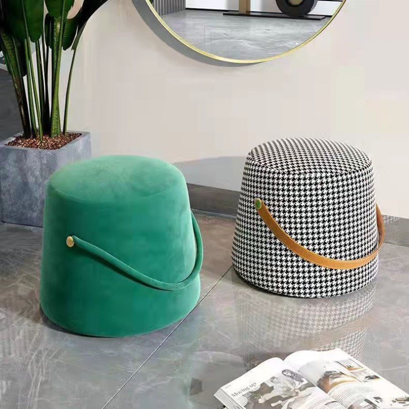 Contemporary Nordic Velvet Fabric Round Cylinder Footstool with Wooden Base - Portable Entryway Seat