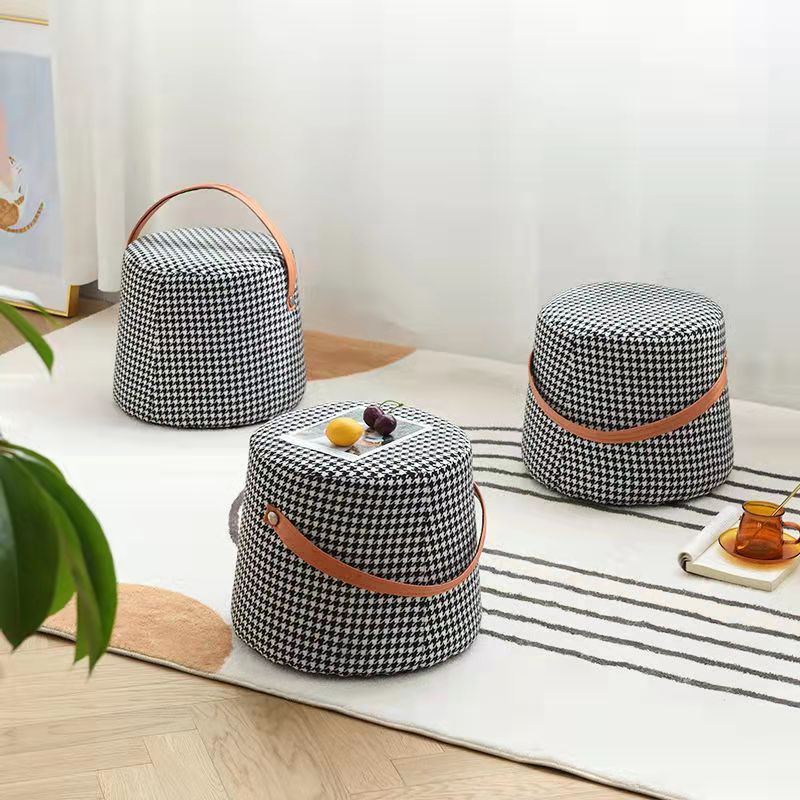 Contemporary Nordic Velvet Fabric Round Cylinder Footstool with Wooden Base - Portable Entryway Seat