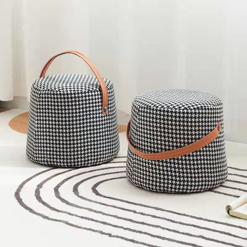 Contemporary Nordic Velvet Fabric Round Cylinder Footstool with Wooden Base - Portable Entryway Seat