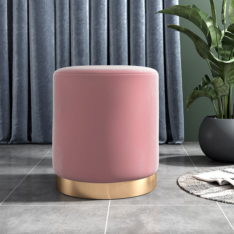 Contemporary Scandinavian Round Footstool with Velvet Fabric and Faux Leather, Plywood Base, Cushioned Sponge, Backless, Perfect for Entryways