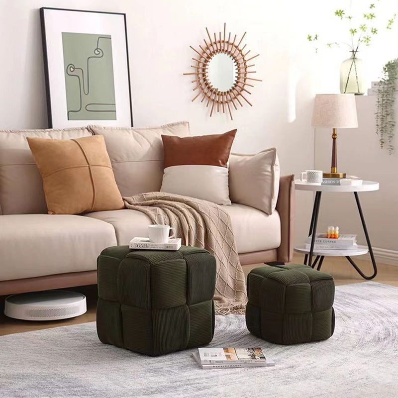 Contemporary Scandinavian Corduroy Wood Sponge Cube – Low Rectangular Stool for Living Room
