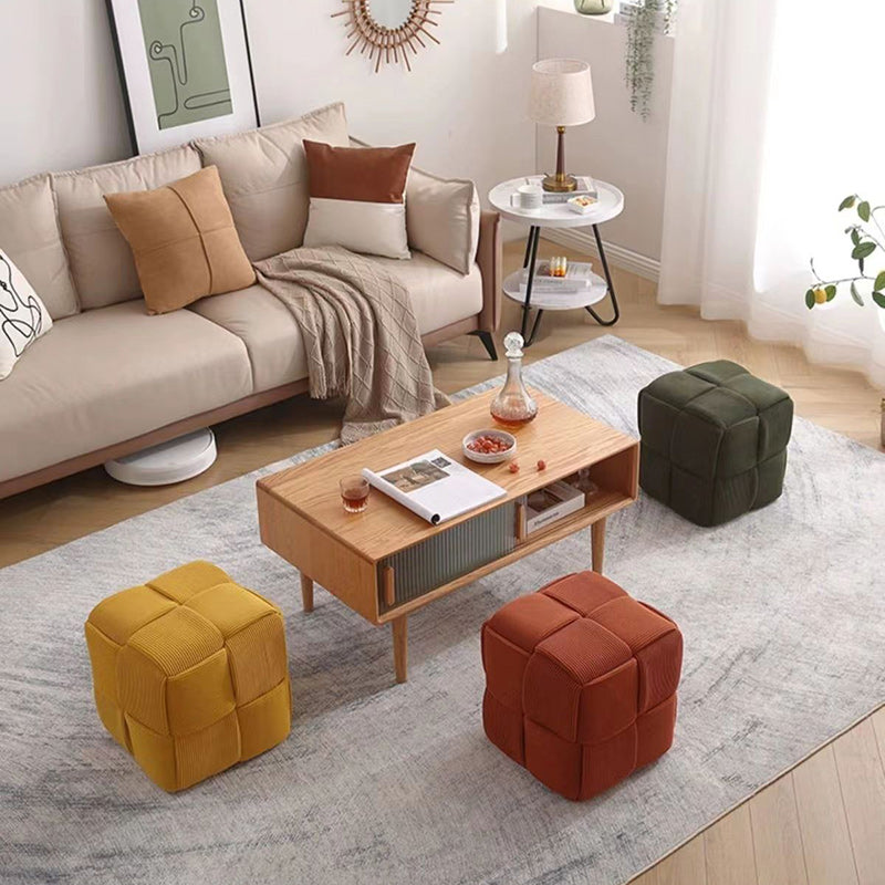 Contemporary Scandinavian Corduroy Wood Sponge Cube – Low Rectangular Stool for Living Room