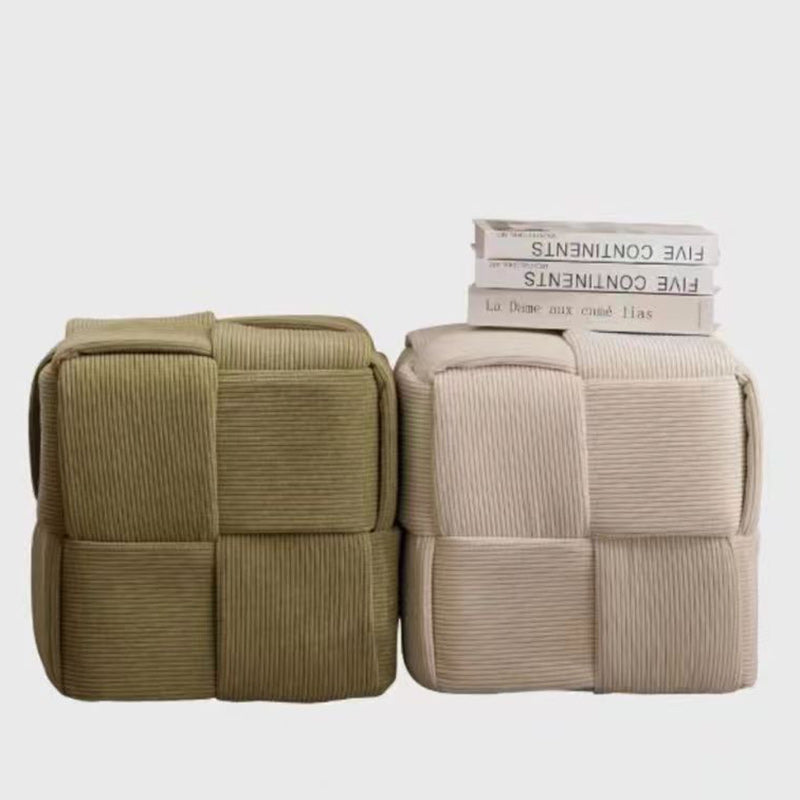 Contemporary Scandinavian Corduroy Wood Sponge Cube – Low Rectangular Stool for Living Room