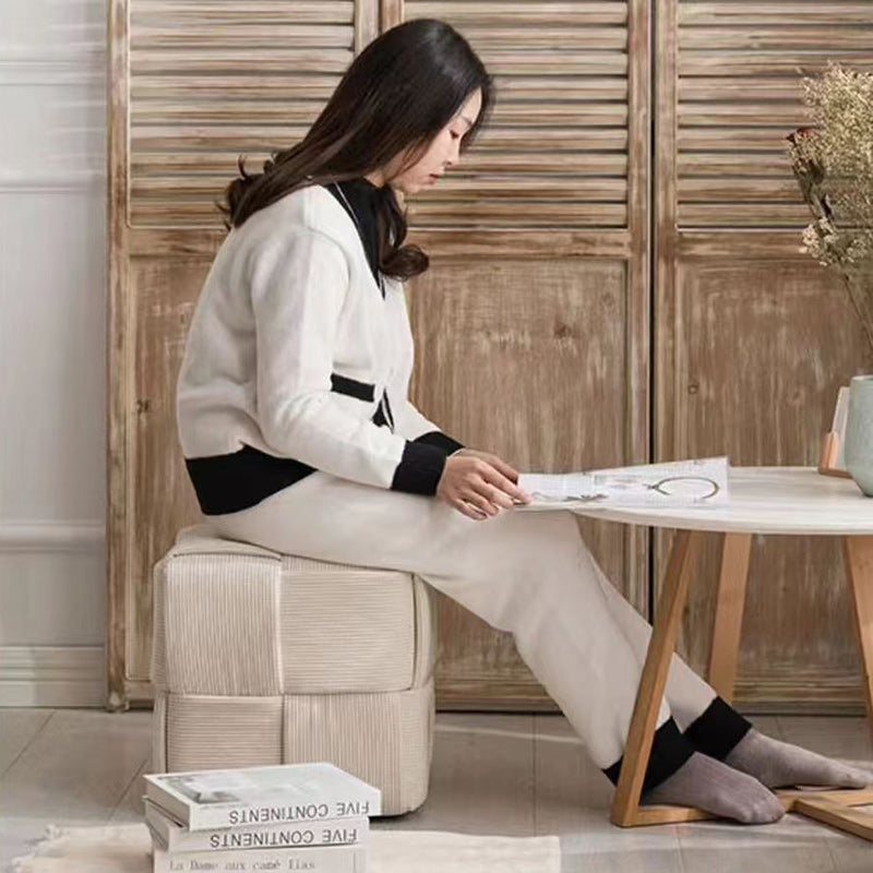 Contemporary Scandinavian Corduroy Wood Sponge Cube – Low Rectangular Stool for Living Room