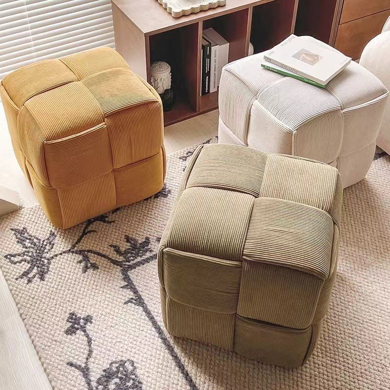 Contemporary Scandinavian Corduroy Wood Sponge Cube – Low Rectangular Stool for Living Room