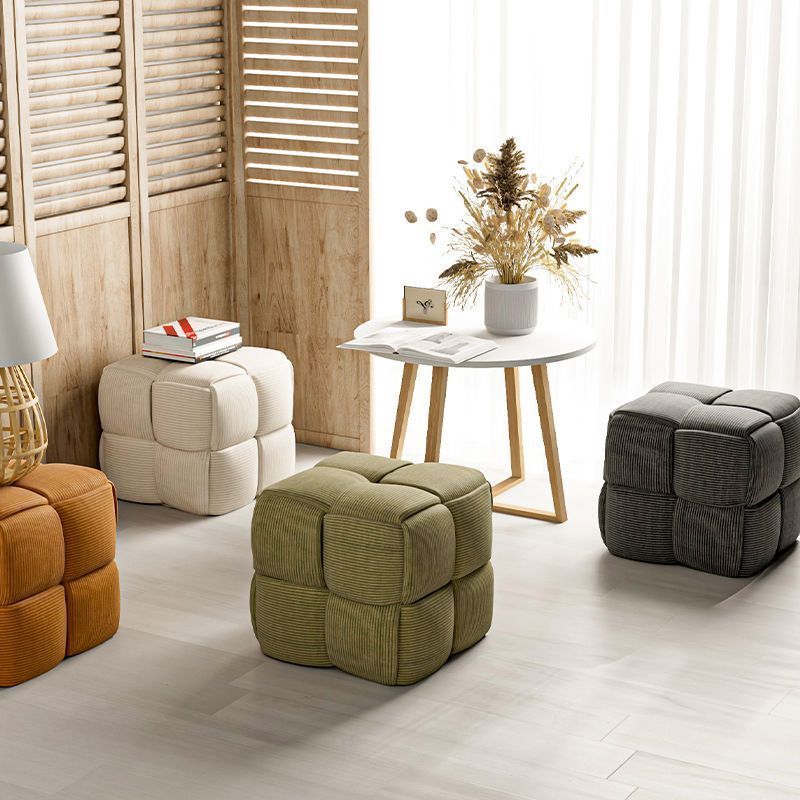Contemporary Scandinavian Corduroy Wood Sponge Cube – Low Rectangular Stool for Living Room