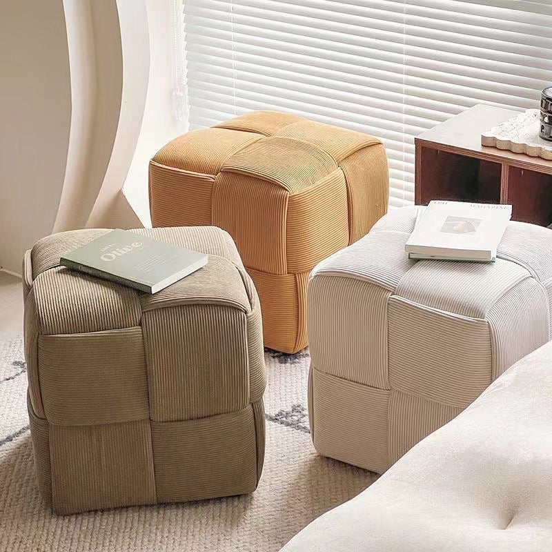 Contemporary Scandinavian Corduroy Wood Sponge Cube – Low Rectangular Stool for Living Room