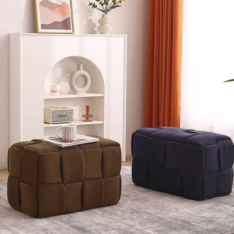 Contemporary Scandinavian Corduroy Wood Sponge Cube – Low Rectangular Stool for Living Room