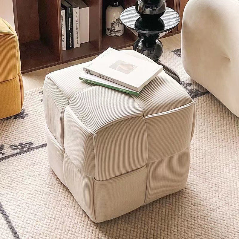 Contemporary Scandinavian Corduroy Wood Sponge Cube – Low Rectangular Stool for Living Room