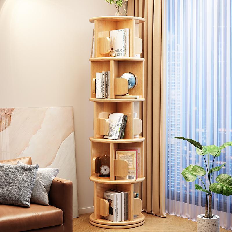 Modern Minimalist Solid Wood Round Cylinder Rotating Bookshelf 2/3/4/5 Tier For Home Office And Living Room