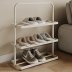 Zapatero organizador rectangular moderno y minimalista de hierro con almacenamiento abierto de 3 niveles para entrada