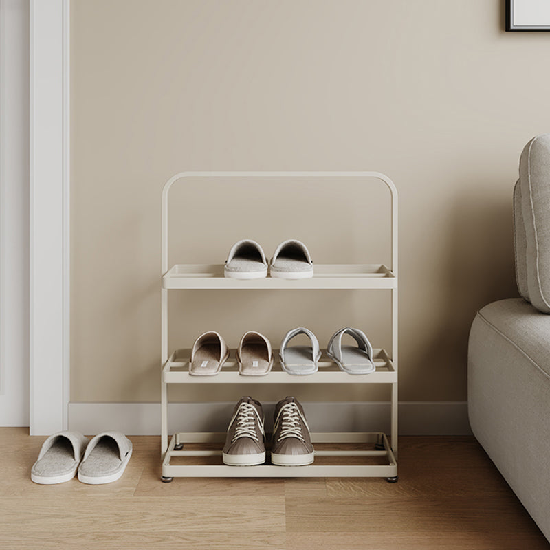 Zapatero organizador rectangular moderno y minimalista de hierro con almacenamiento abierto de 3 niveles para entrada