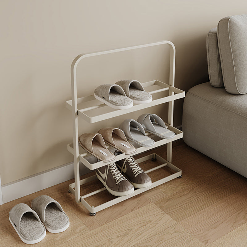 Zapatero organizador rectangular moderno y minimalista de hierro con almacenamiento abierto de 3 niveles para entrada