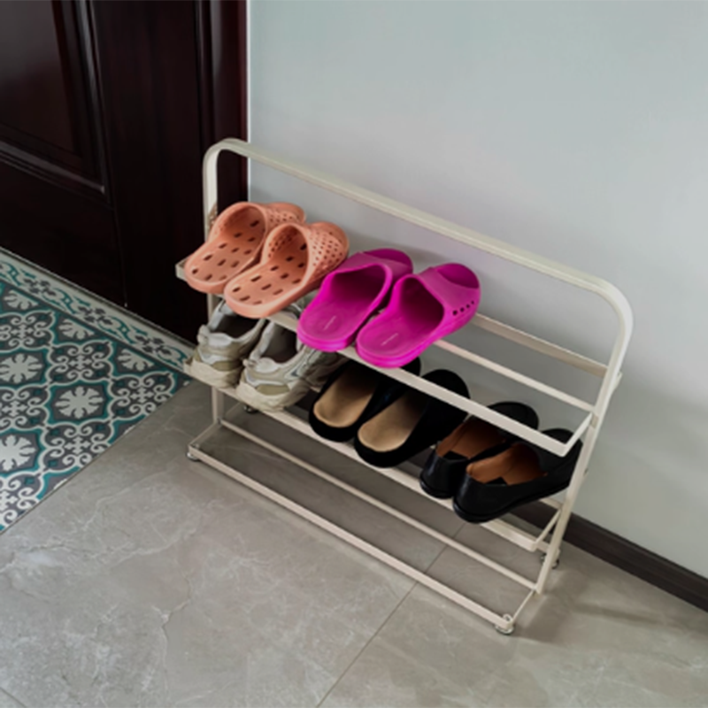 Zapatero organizador rectangular moderno y minimalista de hierro con almacenamiento abierto de 3 niveles para entrada