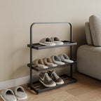 Zapatero organizador rectangular moderno y minimalista de hierro con almacenamiento abierto de 3 niveles para entrada