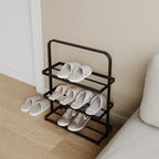 Zapatero organizador rectangular moderno y minimalista de hierro con almacenamiento abierto de 3 niveles para entrada