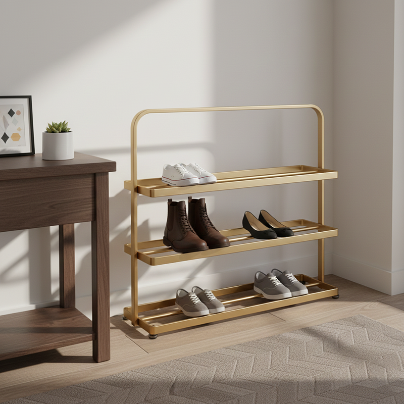 Modern Minimalist Rectangular Iron Open Storage Organizer Shoe Rack 3-Tier For Entryway