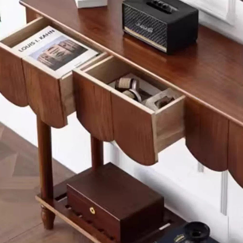 Mesa consola rectangular de madera maciza con borde ondulado, estilo moderno de mediados de siglo, con 2/3 cajones para recibidor y pasillo