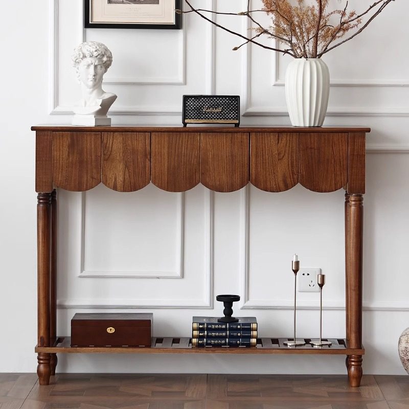 Mesa consola rectangular de madera maciza con borde ondulado, estilo moderno de mediados de siglo, con 2/3 cajones para recibidor y pasillo