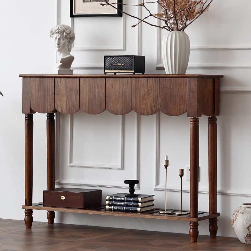 Mesa consola rectangular de madera maciza con borde ondulado, estilo moderno de mediados de siglo, con 2/3 cajones para recibidor y pasillo