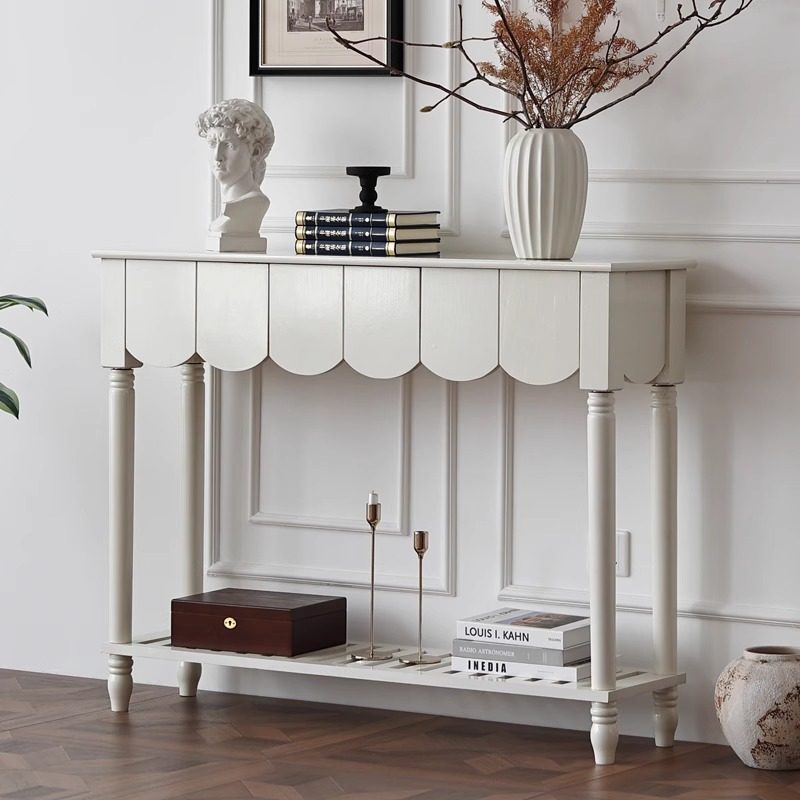 Mesa consola rectangular de madera maciza con borde ondulado, estilo moderno de mediados de siglo, con 2/3 cajones para recibidor y pasillo