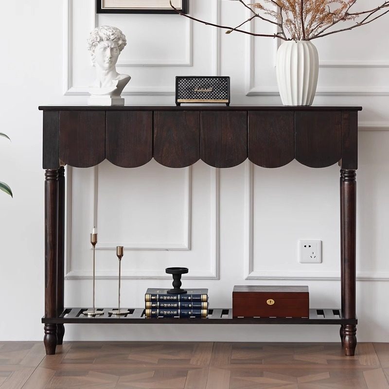 Mesa consola rectangular de madera maciza con borde ondulado, estilo moderno de mediados de siglo, con 2/3 cajones para recibidor y pasillo