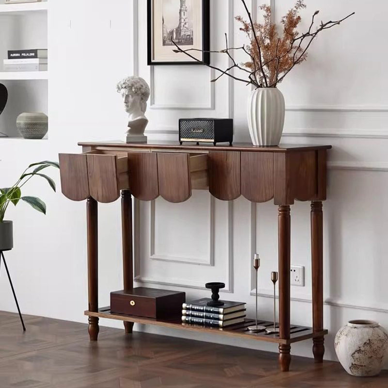 Mesa consola rectangular de madera maciza con borde ondulado, estilo moderno de mediados de siglo, con 2/3 cajones para recibidor y pasillo