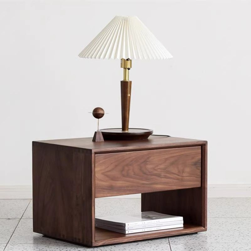 Traditional Japanese Pine Wood Rounded Square Nightstand 1-Drawer For Bedroom